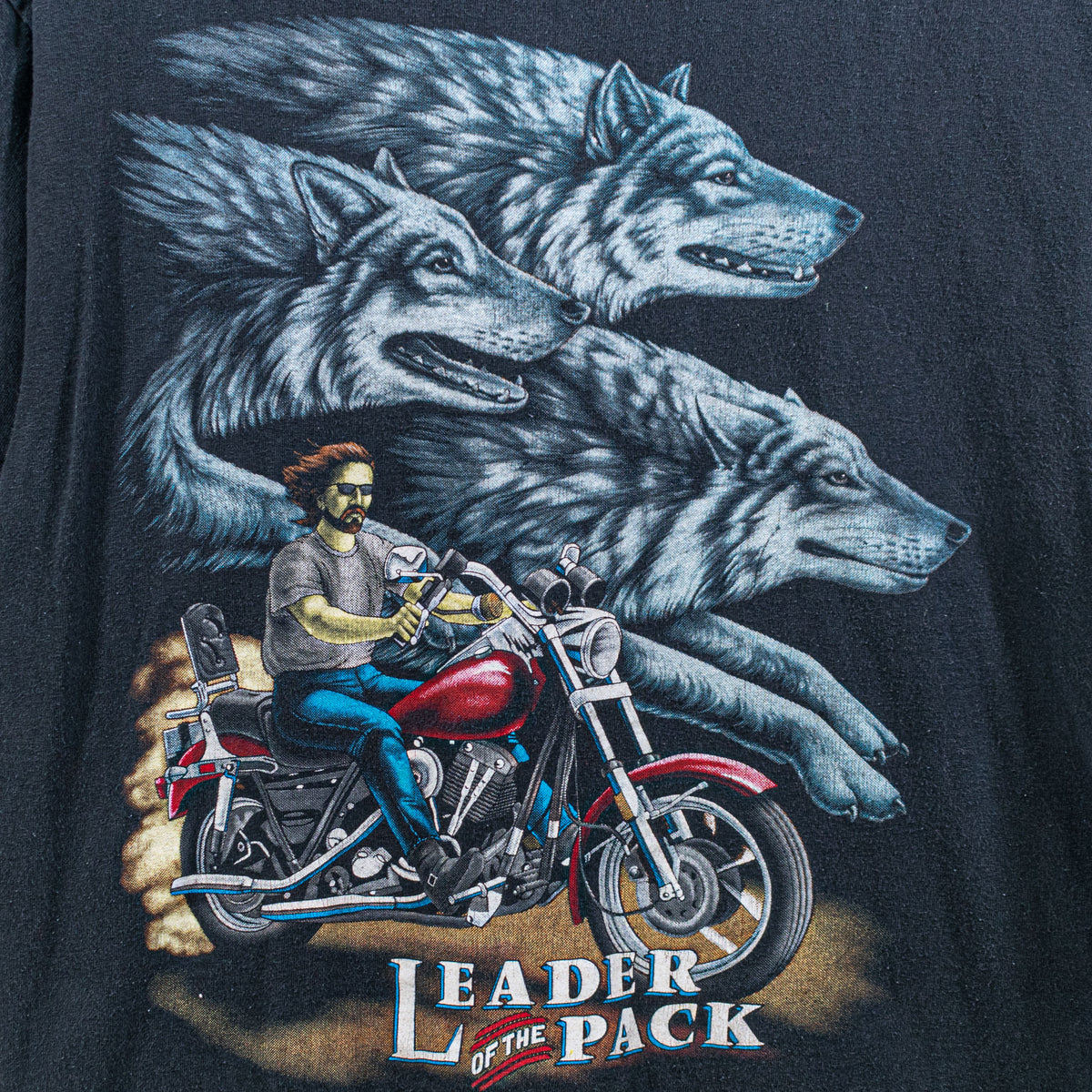 Vintage Leader of the pack Crewneck Mens Motorcycle Wolf Black Tshirt Sz authentic LG