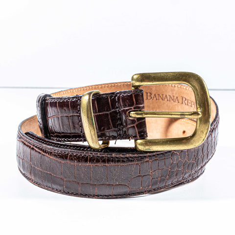 Banana Republic Crocodile Embossed Leather Belt Made in England Solid Brass Buckle