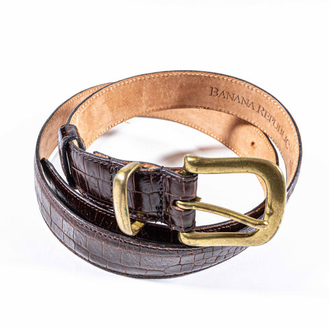 Banana Republic Crocodile Embossed Leather Belt Made in England Solid Brass Buckle