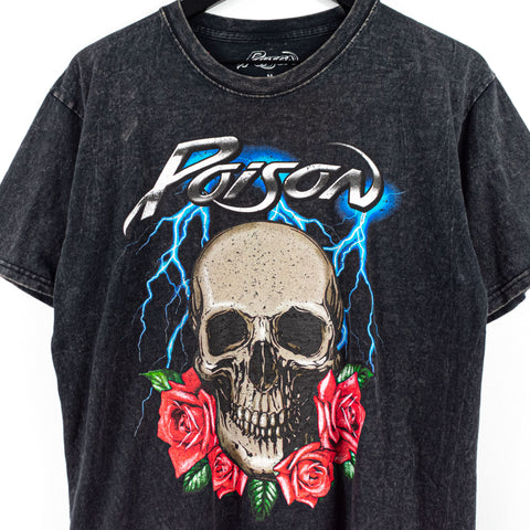 2021 Poison Band Skull Roses Art Stonewash T-Shirt