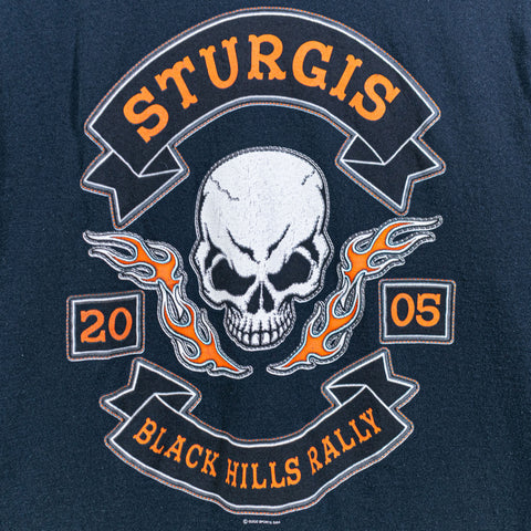 2005 Sturgis Black Hills Motor Cycle Rally Pocket T-Shirt Skull Flame Biker