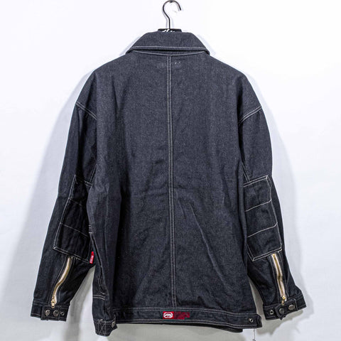 Ecko Unltd Complex Zip Sleeve Waxed Denim Jacket Hip Hop Baggy