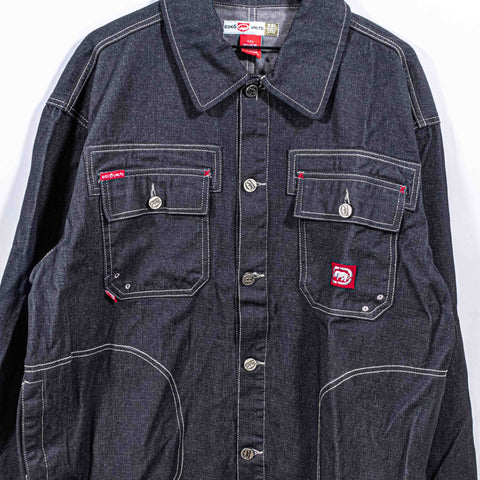 Ecko Unltd Complex Zip Sleeve Waxed Denim Jacket Hip Hop Baggy