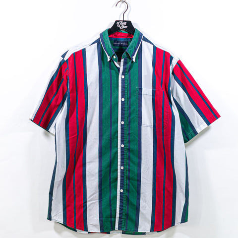 Multicolor Striped Short Sleeve Button Shirt Hip Hop