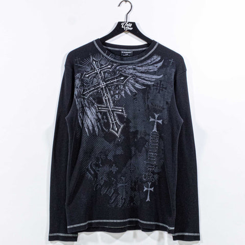 No Boundaries Cross Wings Salvation Thermal Waffle T-Shirt Long Sleeve Cyber Goth