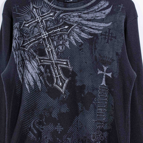 No Boundaries Cross Wings Salvation Thermal Waffle T-Shirt Long Sleeve Cyber Goth