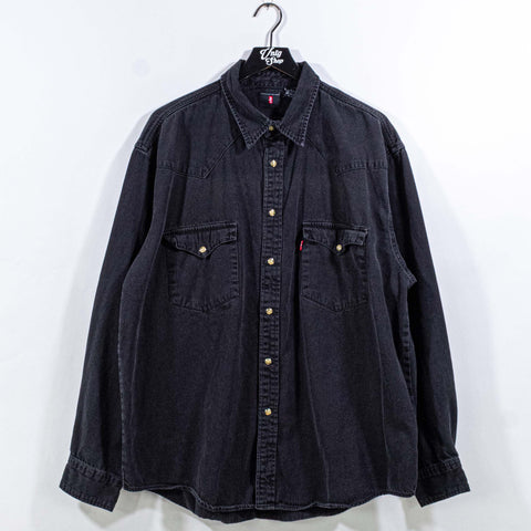 Levis Black Denim Pearl Snap Shirt Sun Faded Grunge Cowboy Western