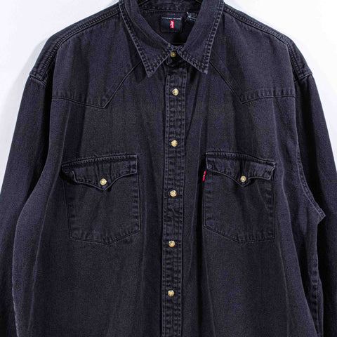 Levis Black Denim Pearl Snap Shirt Sun Faded Grunge Cowboy Western