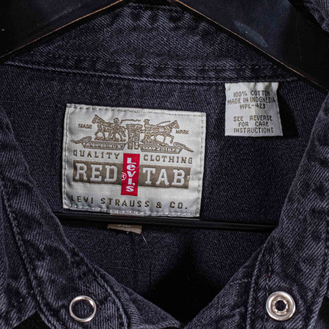 Levis Black Denim Pearl Snap Shirt Sun Faded Grunge Cowboy Western