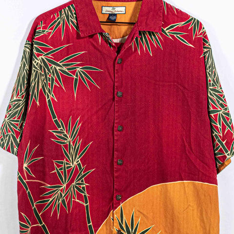 Tommy Bahama Palm Tree All Over Print Silk Shirt Resort Tiki Loop Collar