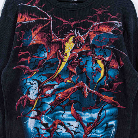 Liquid Blue Dragon Big Print Thermal Waffle T-Shirt Long Sleeve