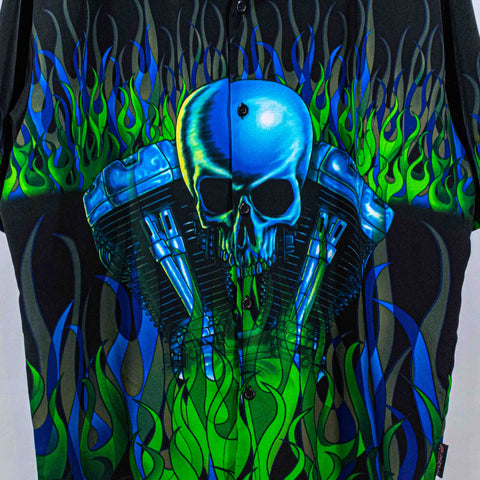 Sapphire Lounge Skull Motorcycle Flame Short Sleeve Button Shirt Loop Collar