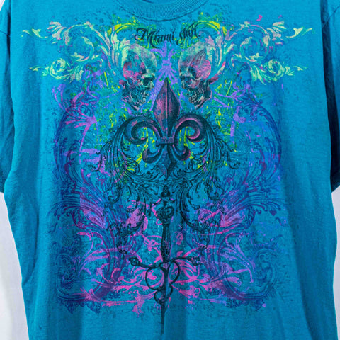 Miami Ink Tattoo Skull Neon Print T-Shirt