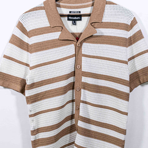 Knit Crocheted Striped Button Short Sleeve Shirt