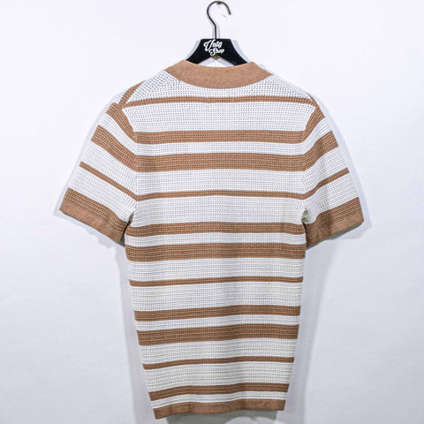 Knit Crocheted Striped Button Short Sleeve Shirt