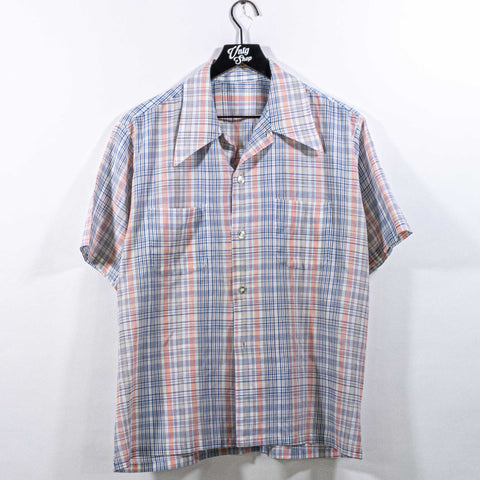 Plaid Pointed Collar Short Sleeve Button Shirt