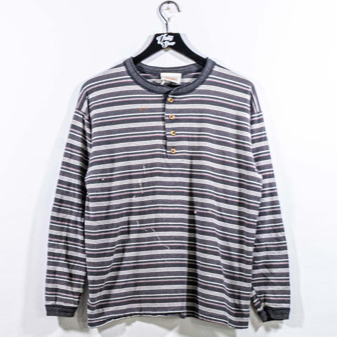 Striped Long Sleeve Henley T-Shirt Distressed Sun Faded Surf Skate