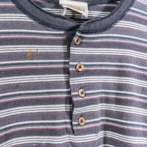 Striped Long Sleeve Henley T-Shirt Distressed Sun Faded Surf Skate