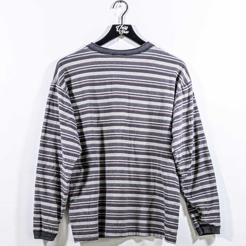 Striped Long Sleeve Henley T-Shirt Distressed Sun Faded Surf Skate