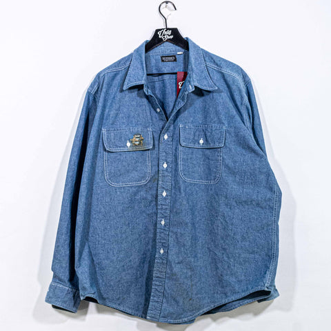J Peterman Denim Button Shirt Double Pocket Distressed