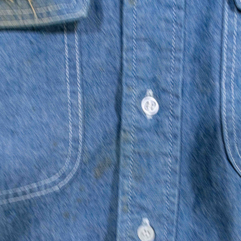 J Peterman Denim Button Shirt Double Pocket Distressed