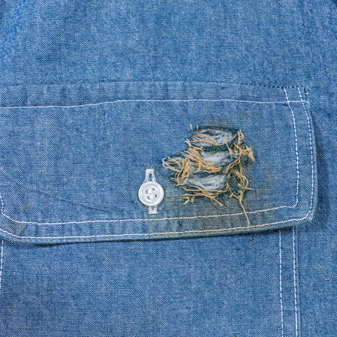 J Peterman Denim Button Shirt Double Pocket Distressed