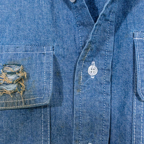 J Peterman Denim Button Shirt Double Pocket Distressed