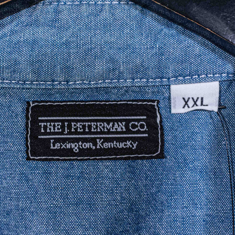 J Peterman Denim Button Shirt Double Pocket Distressed