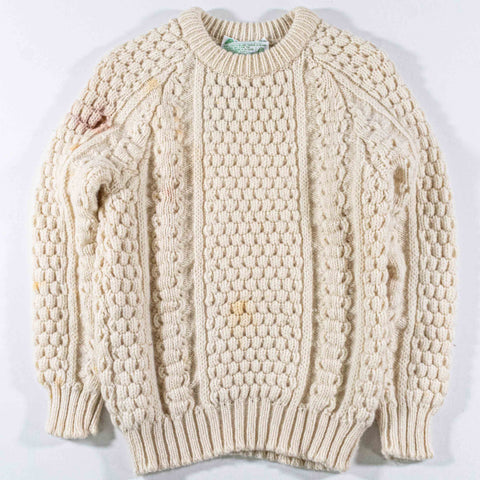 Donegal Woollen Products Cable Knit Fisherman Wool Sweater Distressed