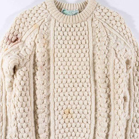 Donegal Woollen Products Cable Knit Fisherman Wool Sweater Distressed