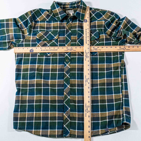 LL Bean Katahdin Performance Plaid Flannel Shirt  Snap Button Wool Blend Elbow Patches