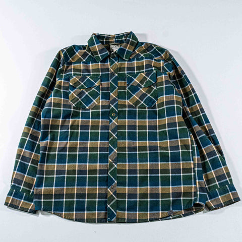 LL Bean Katahdin Performance Plaid Flannel Shirt  Snap Button Wool Blend Elbow Patches