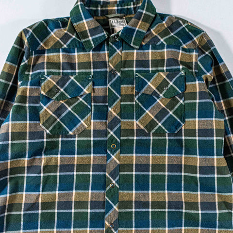 LL Bean Katahdin Performance Plaid Flannel Shirt  Snap Button Wool Blend Elbow Patches