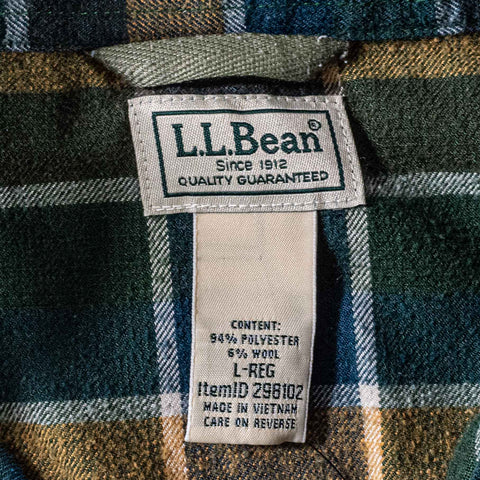 LL Bean Katahdin Performance Plaid Flannel Shirt  Snap Button Wool Blend Elbow Patches