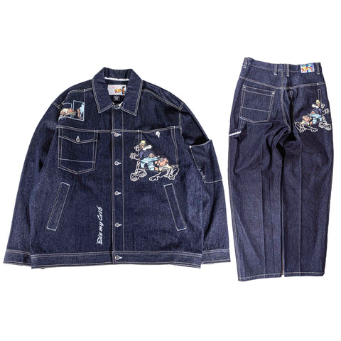 Raw Blue Embroidered Denim Suit Jacket Jeans Hip Hop